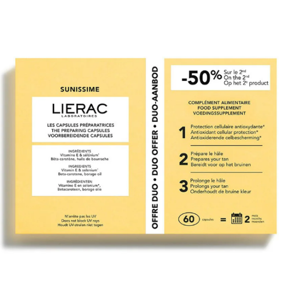 LIERAC SUNISSIME DUO 30 CÁPSULAS BRONZEADO COM DESCONTO DE 50% NA 2ª EMBALAGEM